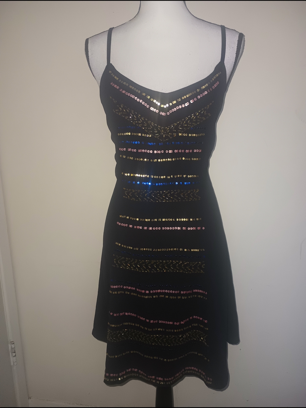 C. Luce Black Mini Dress with Gold Sequin Stripes